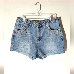 Forever 21+ Blue Dripping Rhinestones High Rise Raw Hem Denim Short WM Sz 14